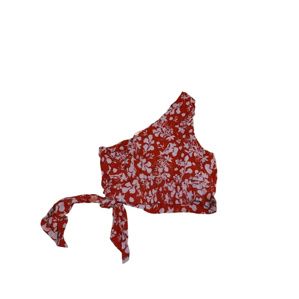 Free People Red Floral One Shoulder Smocked Crop Top Side Tie Size M